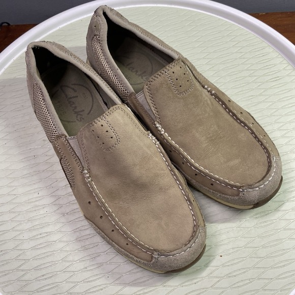 Clarks Tan Leather Men's Moccasin‎ Slip On Casual Shoes Size 7 Lightweight - Picture 1 of 11